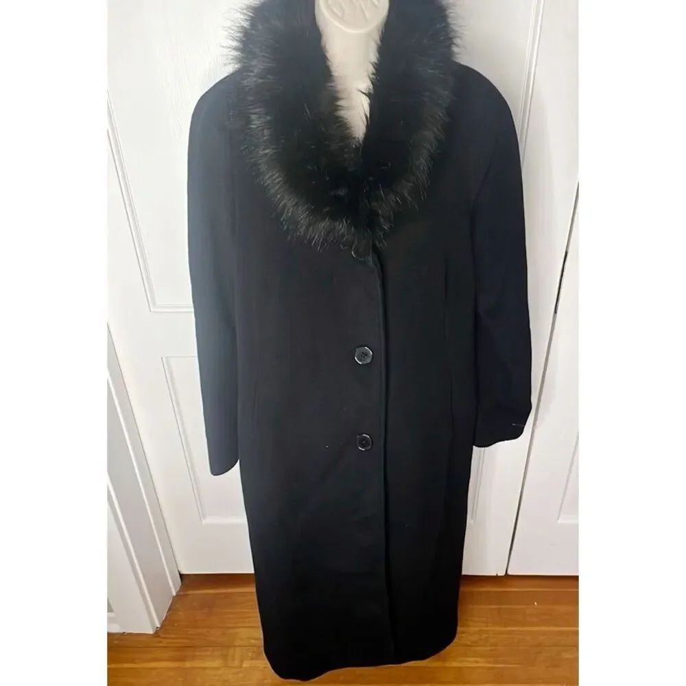Jones New York Long Wool Blend Fur Coat Black Size 6